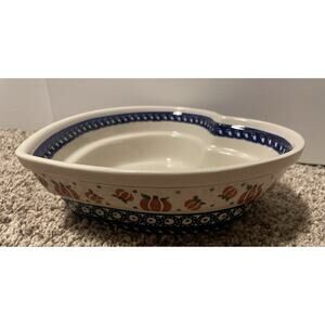 Boleslawiec Polish Pottery Pumpkin Heart Bowl 8.5” Hand-painted Fall Blue